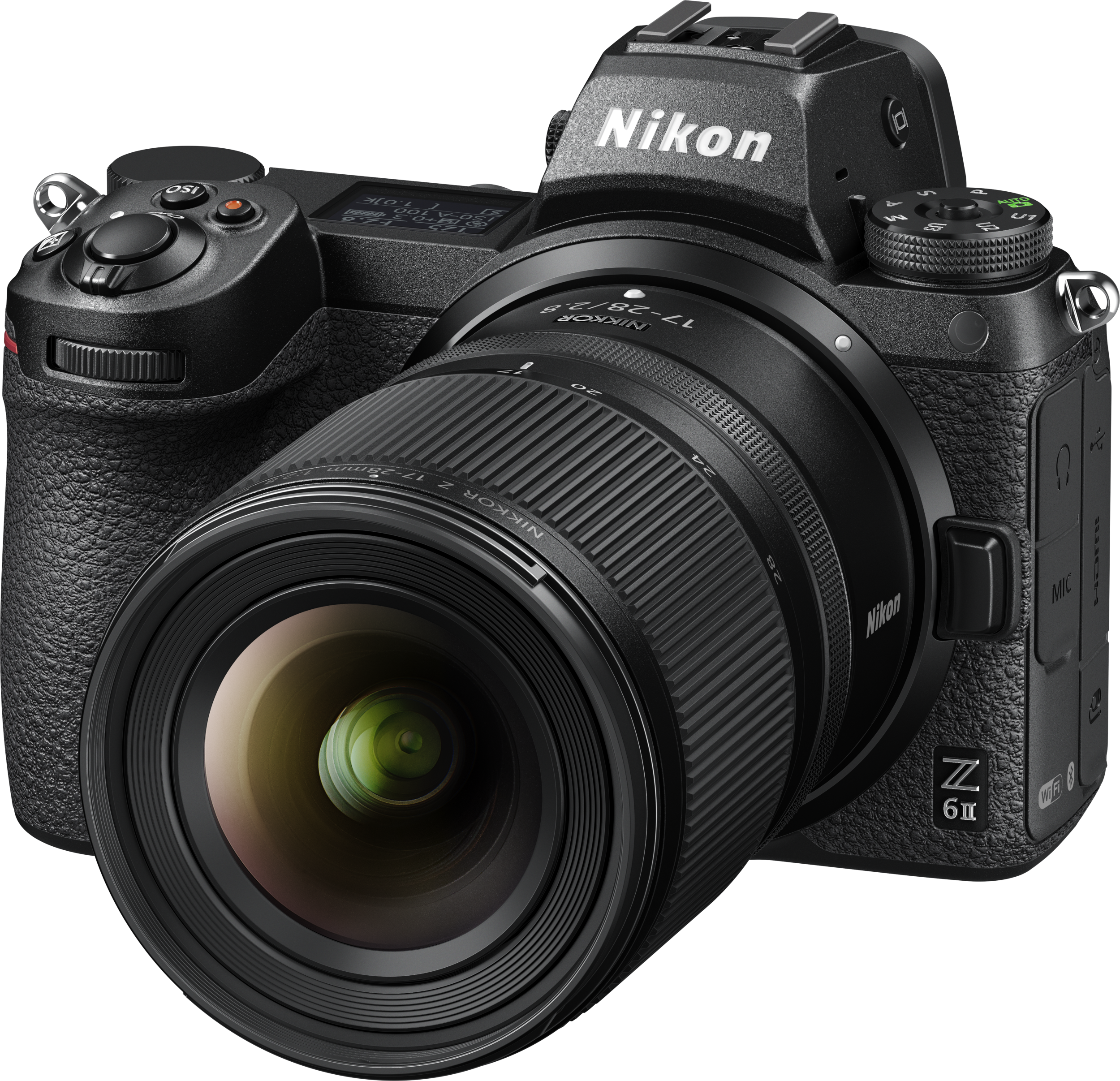 Schwarze Nikon Z 6II Kamera mit Objektiv. Ein schwarzer Hintergrund.