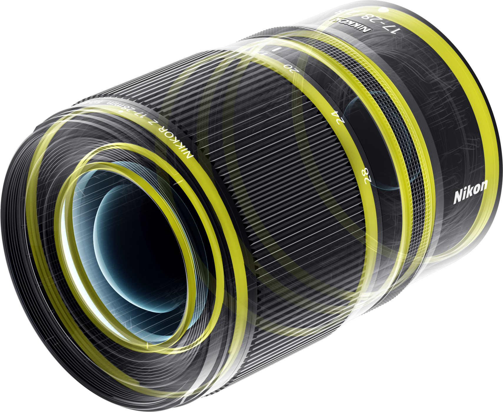 Nikon-Objektiv mit gelben Akzenten, schwarzem Gehäuse und blauer Reflexion im Glas.