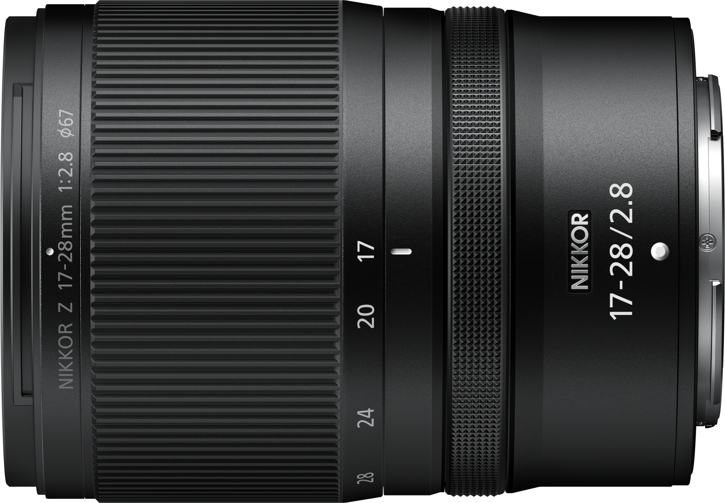 Schwarzes Kameraobjektiv mit weißem Text, gekennzeichnet mit 17-28mm 1:2.8 und anderen Spezifikationen.