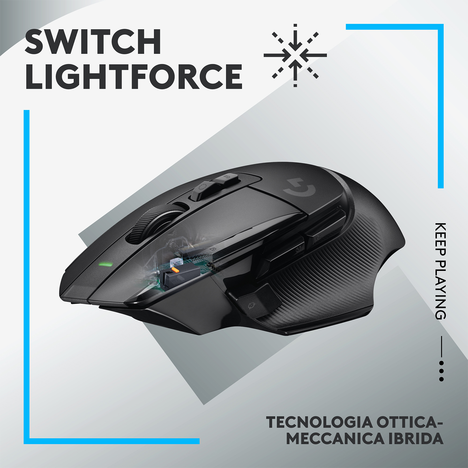 Un mouse da gioco nero con accenti blu, che mostra i componenti interni, su uno sfondo blu.