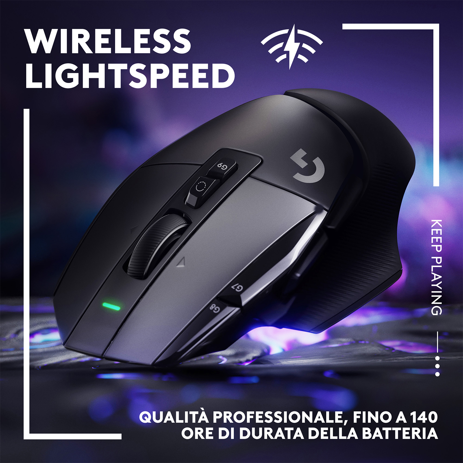 Mouse da gioco wireless nero con pulsanti e rotella di scorrimento.
