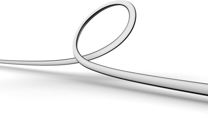 White, curved light strip on a white background, with a black accent.