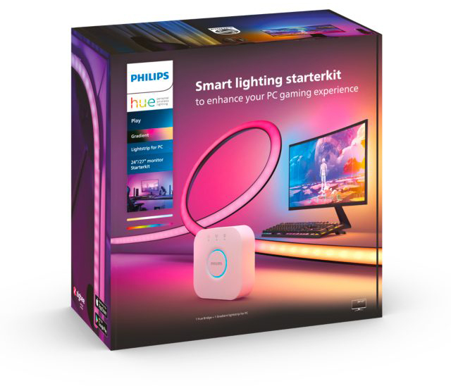 Box of Philips Hue smart lighting starter kit for PC gaming.