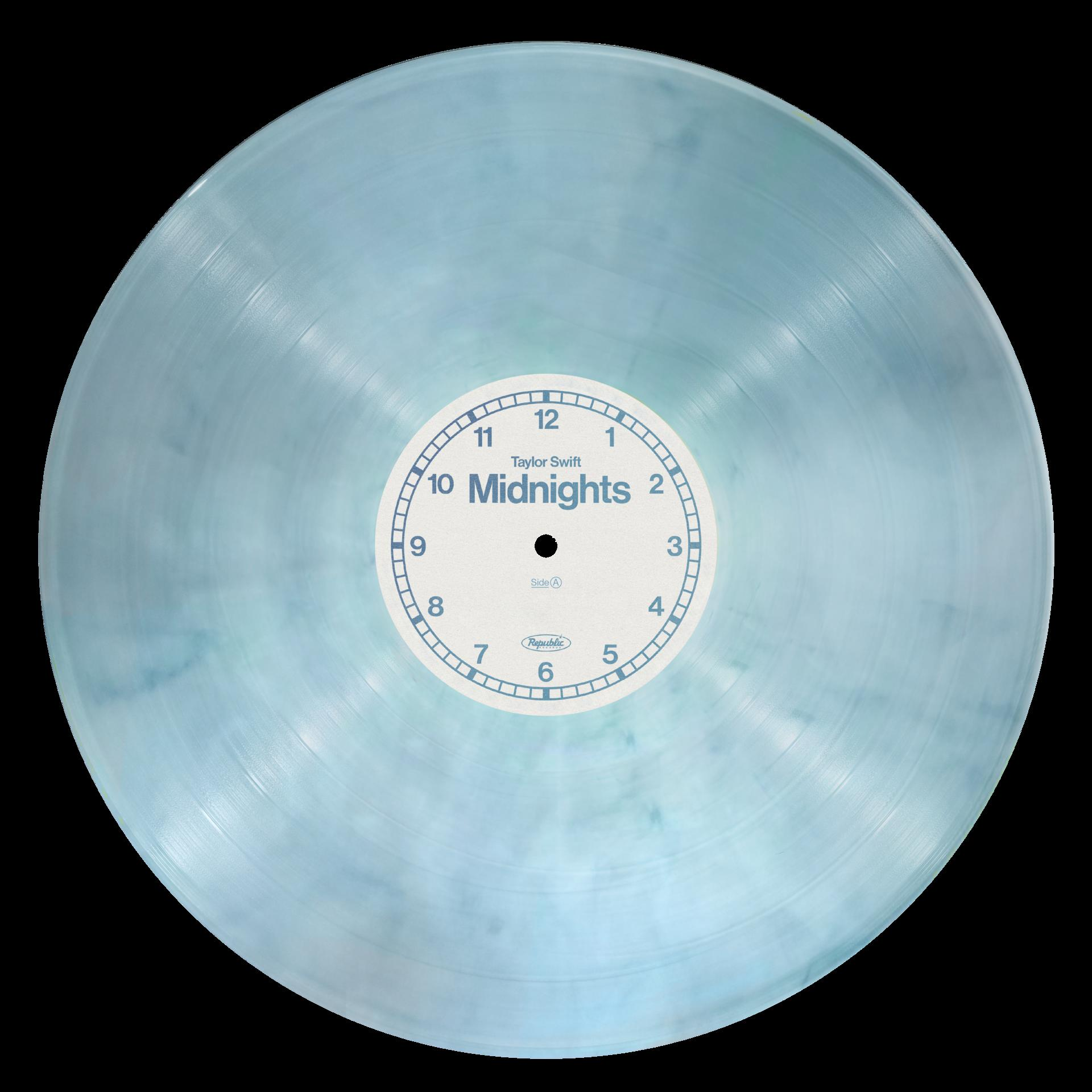 Eine blaue Vinyl-Schallplatte mit einem Zifferblatt-Design und dem Albumtitel 'Midnights' von Taylor Swift.