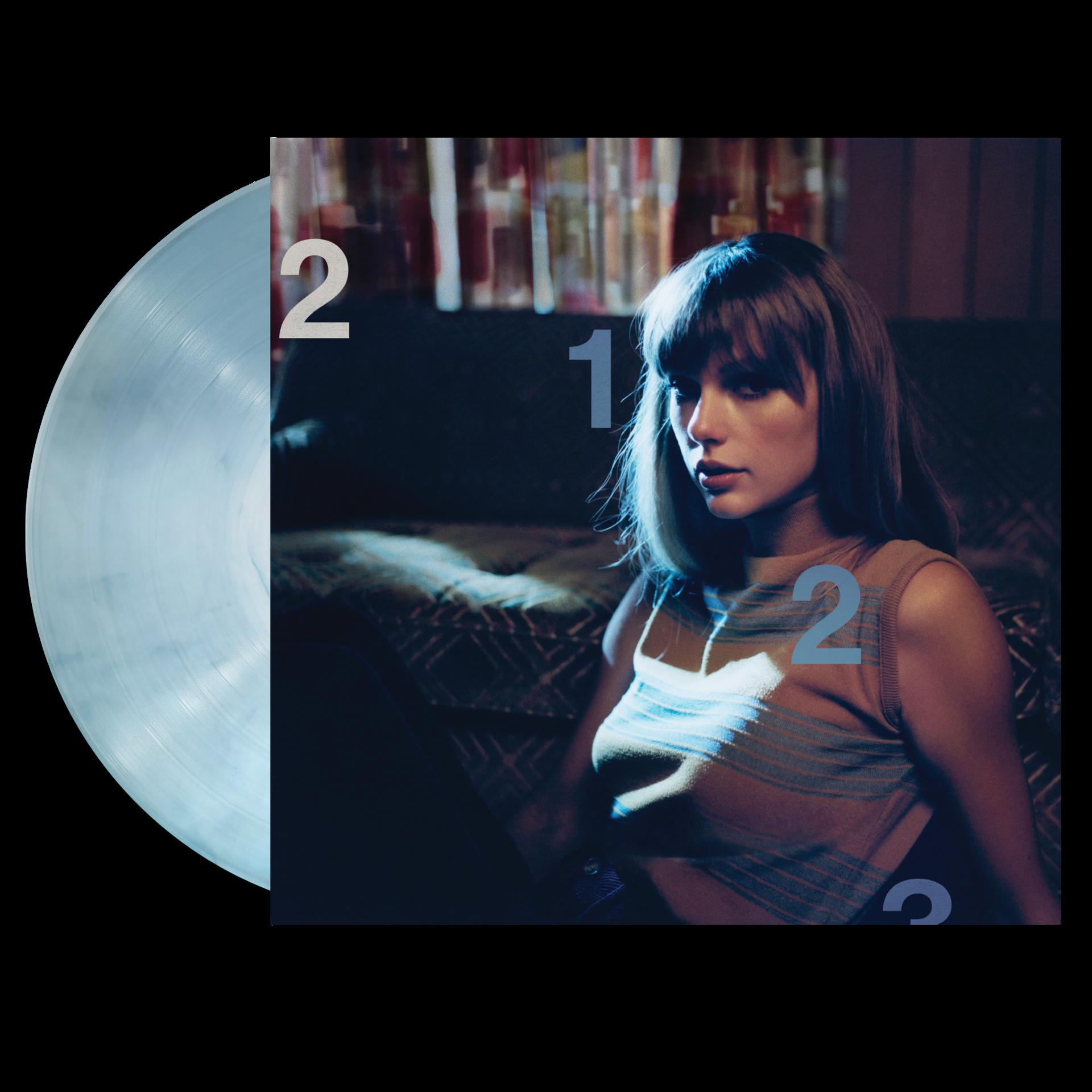 Pochette d'album de Taylor Swift. Vinyle bleu à gauche. Nombres 1 et 2 visibles.