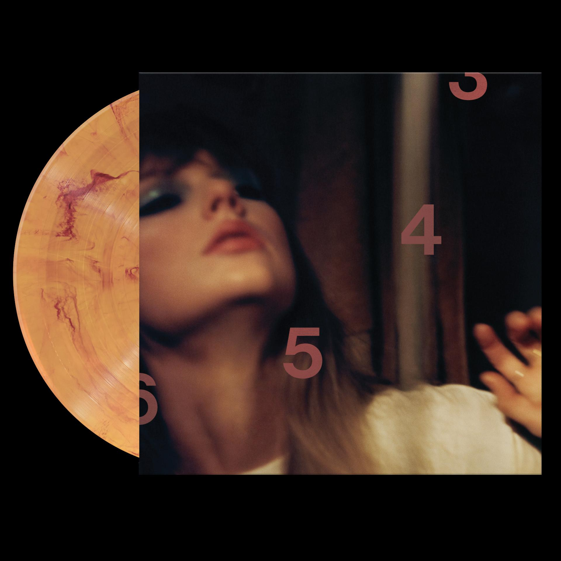 Eine Schallplatte und ein Albumcover, mit dem Gesicht einer Frau, Zahlen und einem pink-orangenen Farbschema.