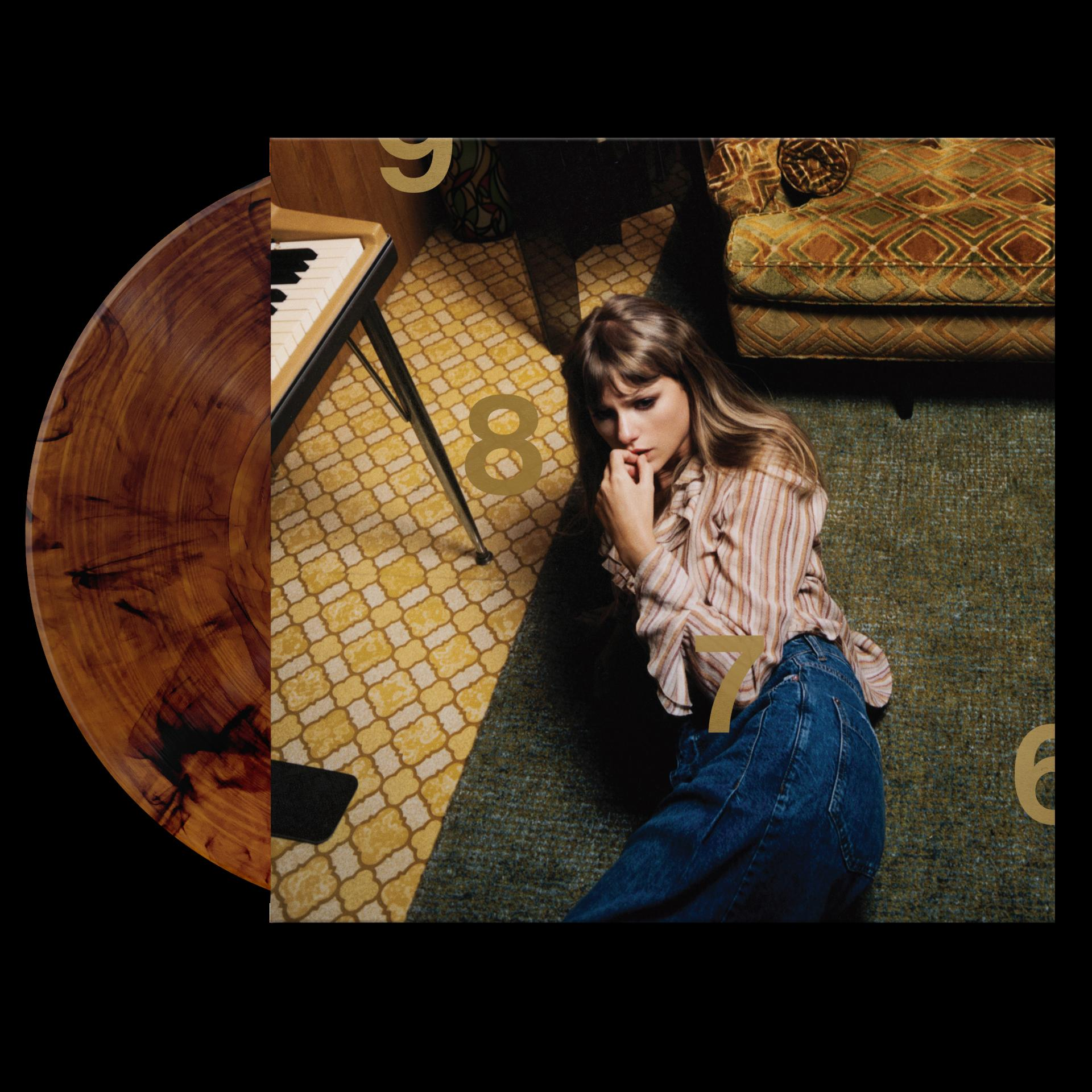 Taylor Swift Albumcover. Braune Vinyl links. Zahlen 6, 7, 8 und 9 sind sichtbar.