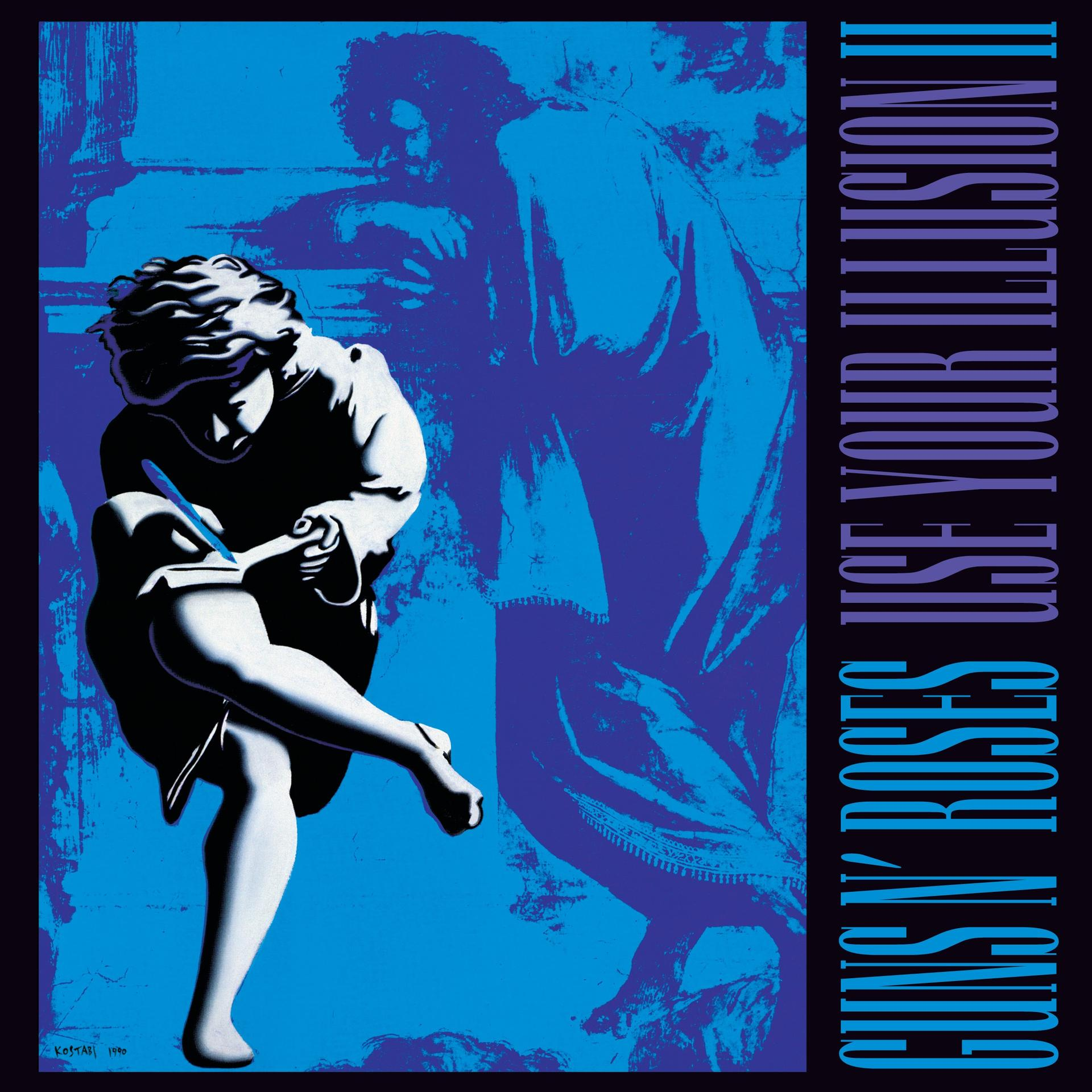 Guns N' Roses Albumcover. Eine Frau schreibt in ein Buch, ein blauer Hintergrund und der Name der Band.