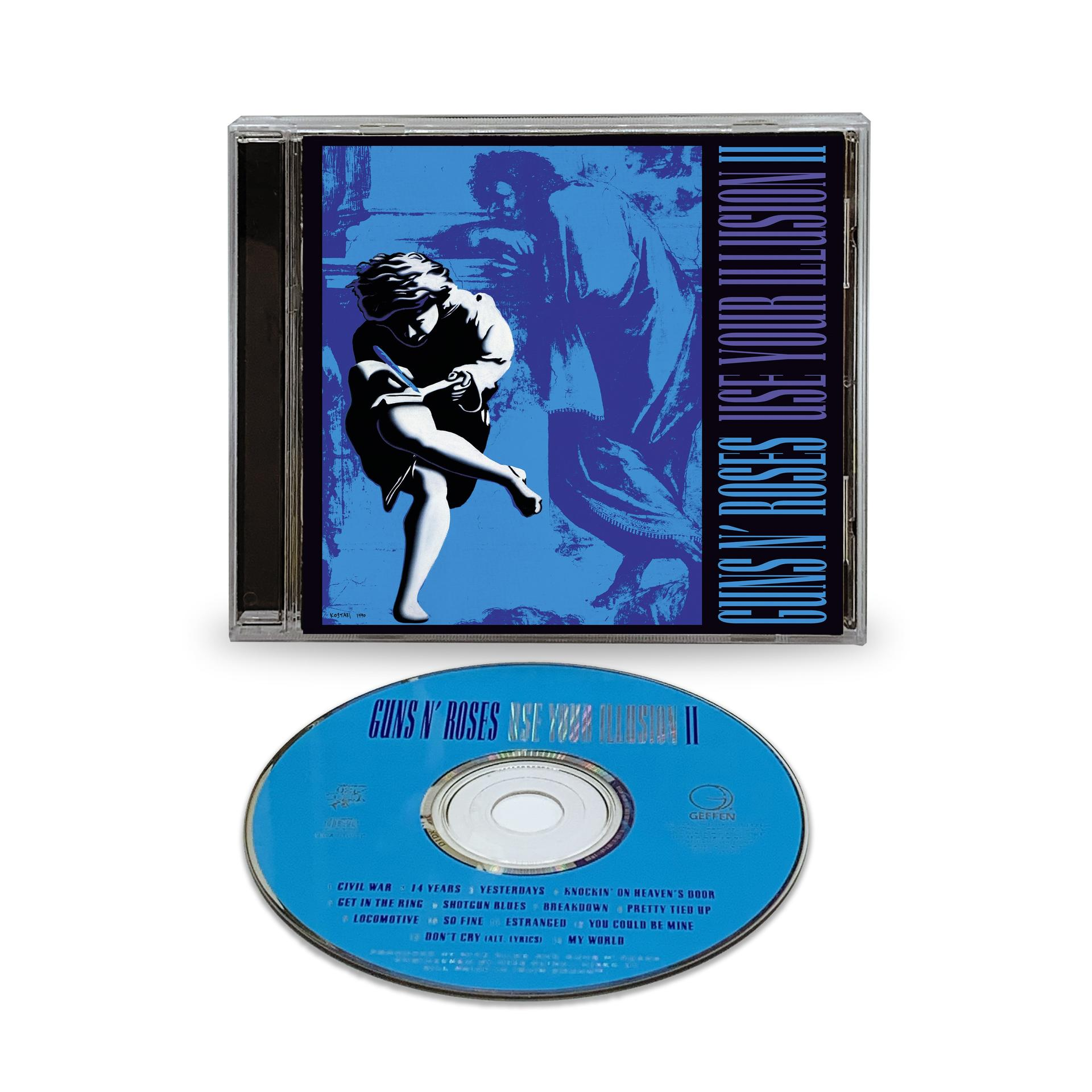 CD-Hülle mit Cover-Art einer Zeichnung einer Frau und die CD mit dem Text 'GUNS N' ROSES USE YOUR ILLUSION II'.