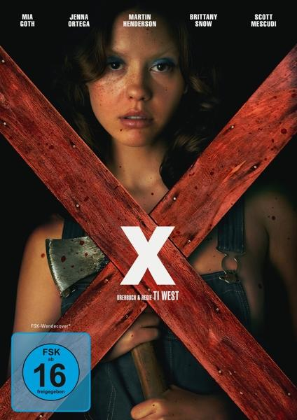Filmplakat mit Frau mit Axt. Rotes X über der Frau, mit Filmtitel 'X'.