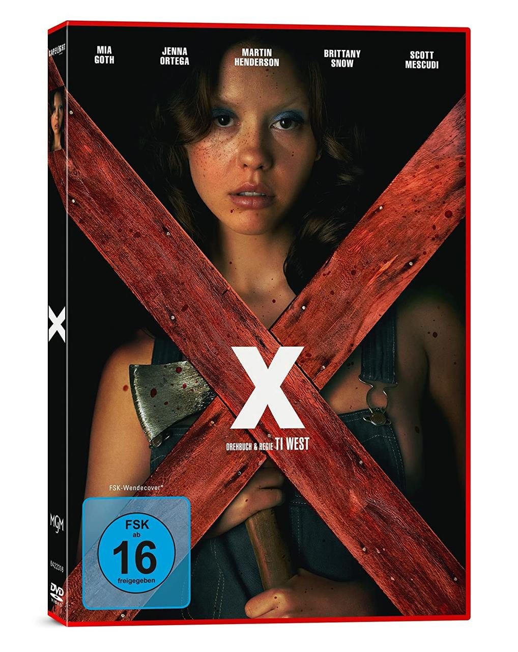 Ein DVD-Cover zeigt eine Frau mit einer Axt und einem roten 'X' über ihr. Text ist darauf.