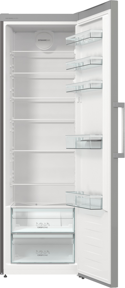 Ein geöffneter Kühlschrank aus Edelstahl mit Glasböden und Schubladen.