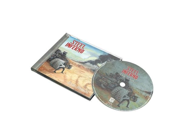 CD-Hülle und CD eines Musikalbums. Das Album heißt "Evil Reign" von Steel Inferno.