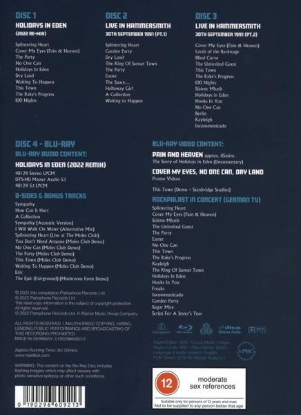 Eine CD-Hülle mit einer Liste von Songtiteln und Titeln. Blaue, rote und schwarze Farben.