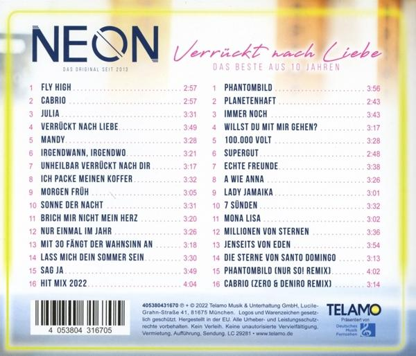 Ein CD-Cover mit Titelliste und dem Wort NEON oben.