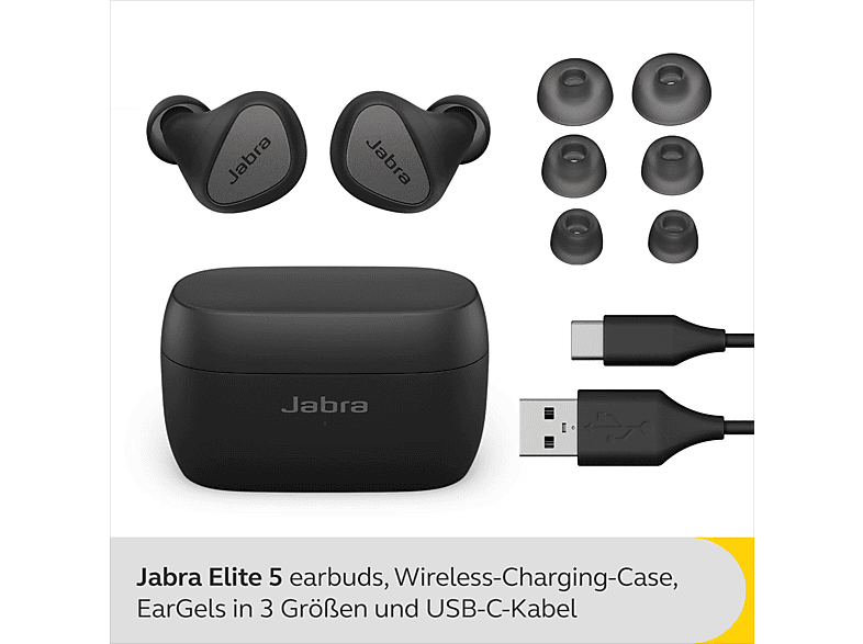 JABRA ELITE 5 TWS mit hybrider aktiver Geräuschunterdrückung (ANC), In-ear Kopfhörer Bluetooth Titanschwarz