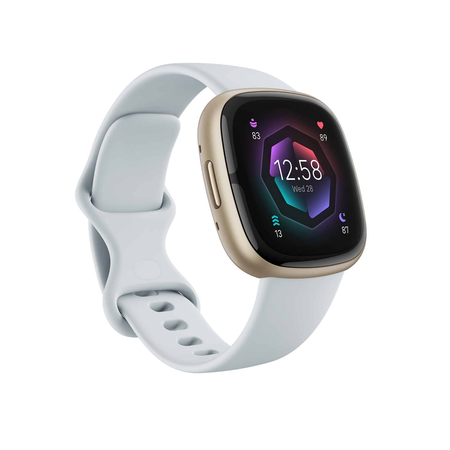 A smartwatch with a gold case and light blue strap. The screen displays time, date, and health metrics. Black background.