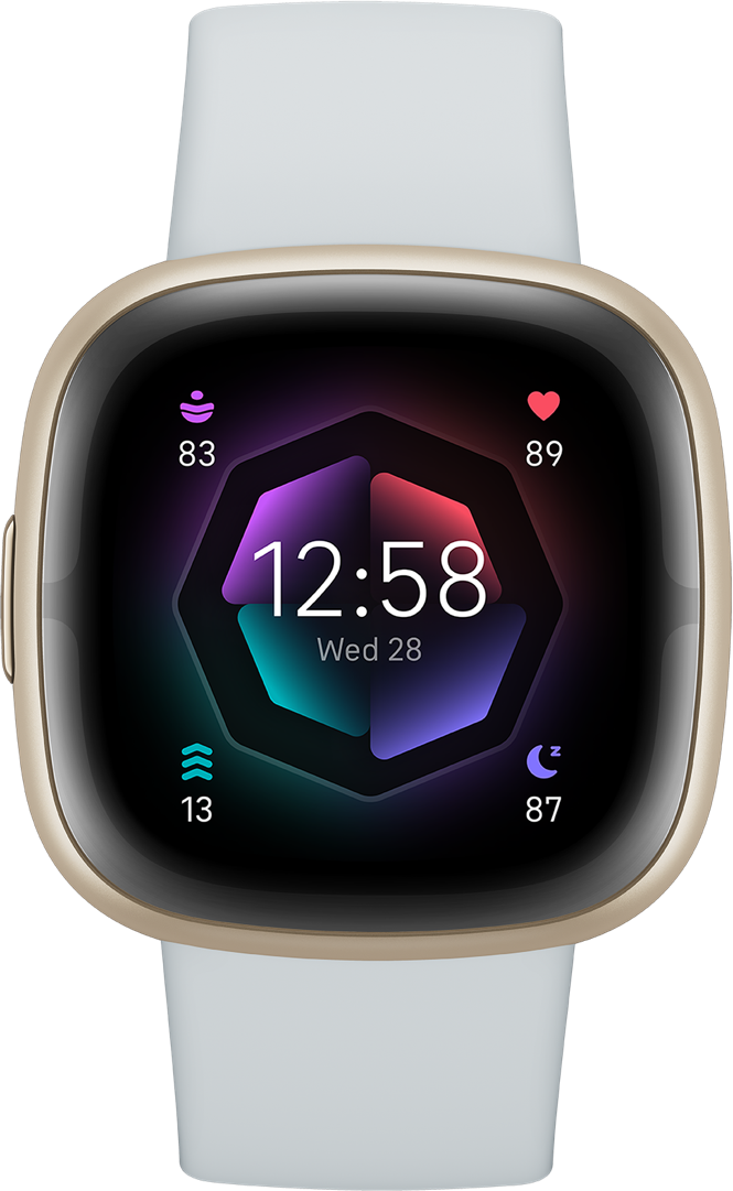 A smartwatch with a gold case and white strap. The screen displays time, date, heart rate, and activity stats.