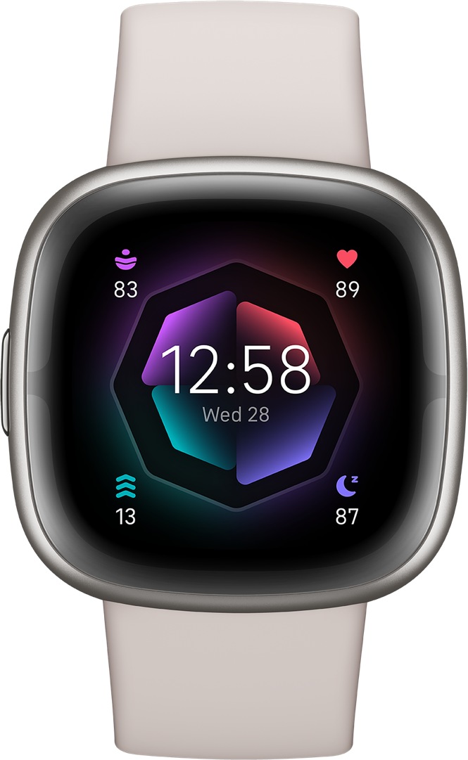 A smartwatch with a light band. The screen shows time, date, heart rate, and steps. Display has purple, teal, and red.