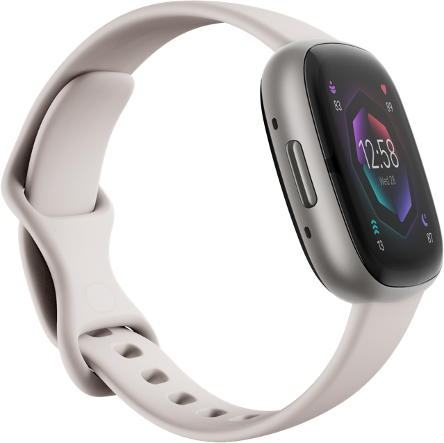 A light gray smartwatch with a black screen displaying the time, surrounded by a light pink band.