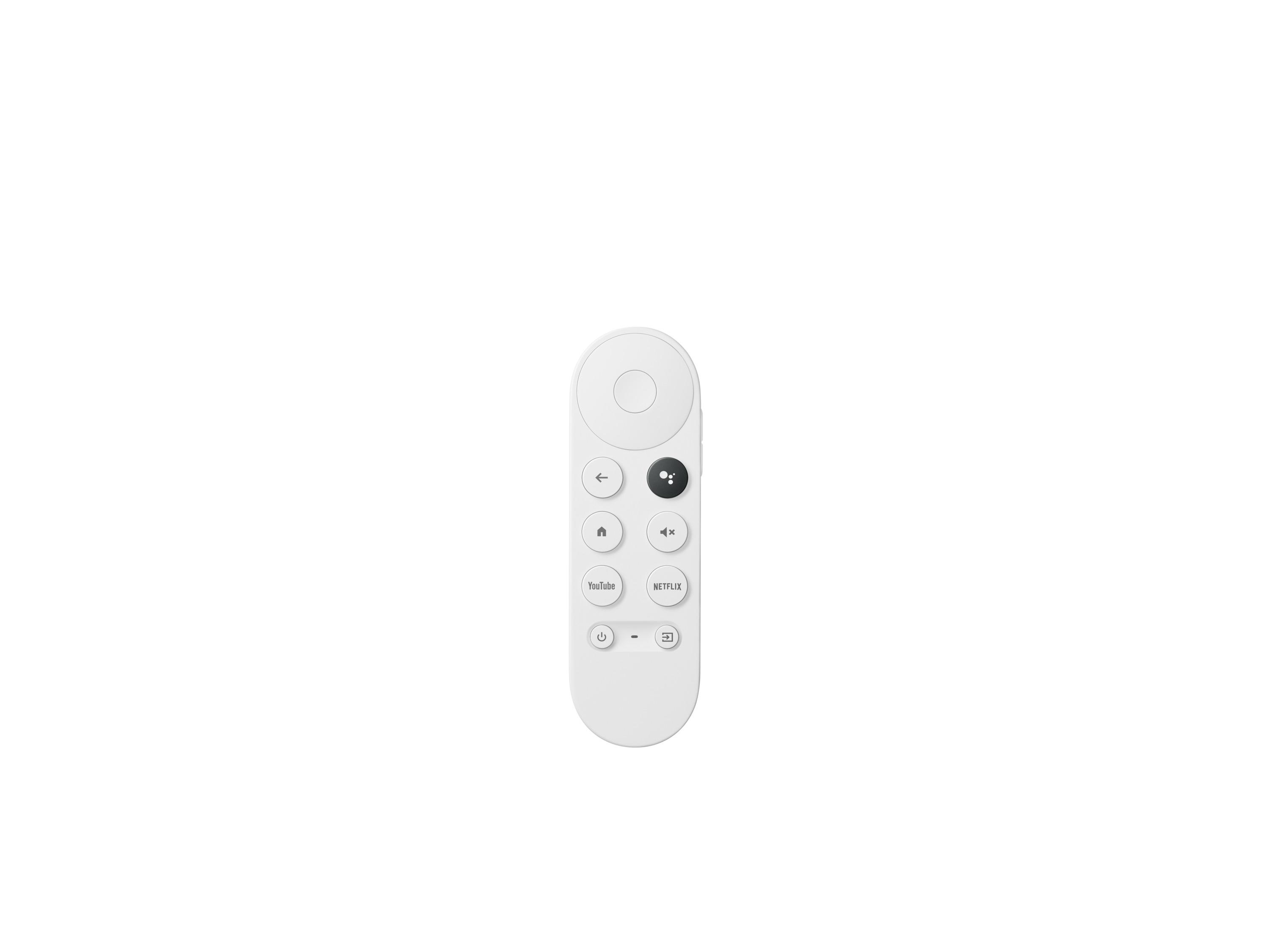 Weiße Chromecast-Fernbedienung mit verschiedenen Tasten. Die Fernbedienung ist auf weißem Grund.