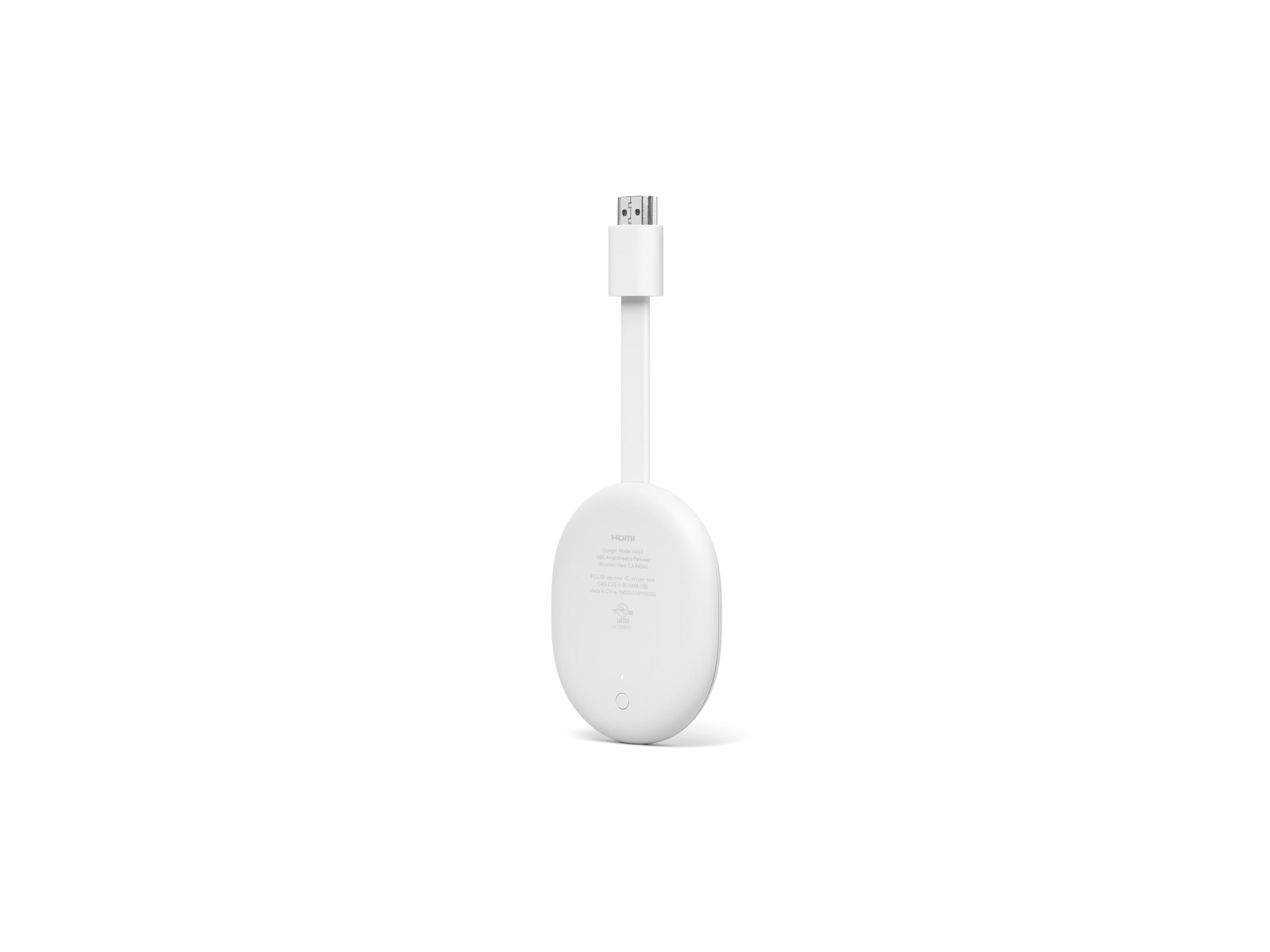 Ein weißes Realme Chromecast-Gerät mit Kabel und Logo auf Weiß.