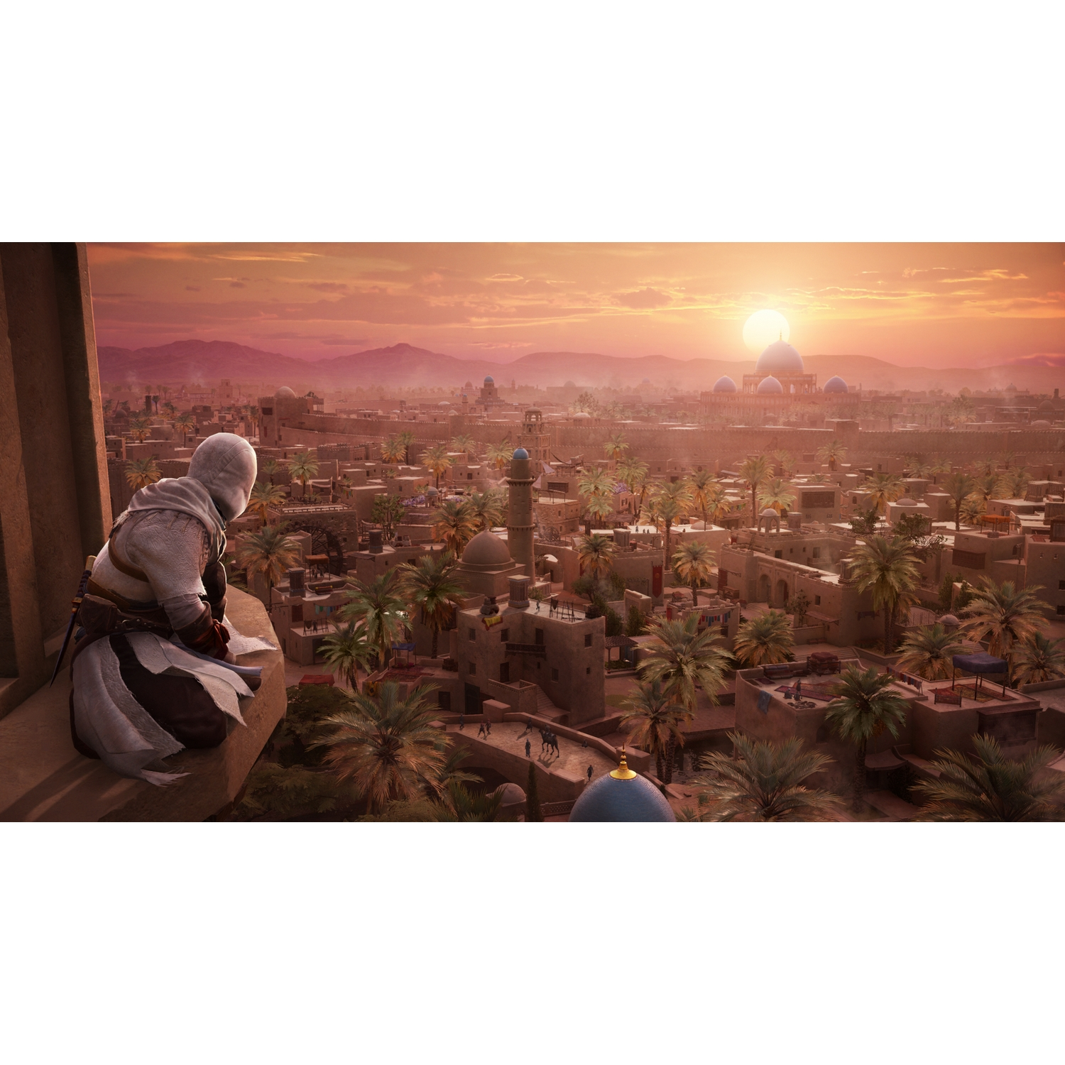 Una escena de juego con un asesino contemplando una ciudad al atardecer.