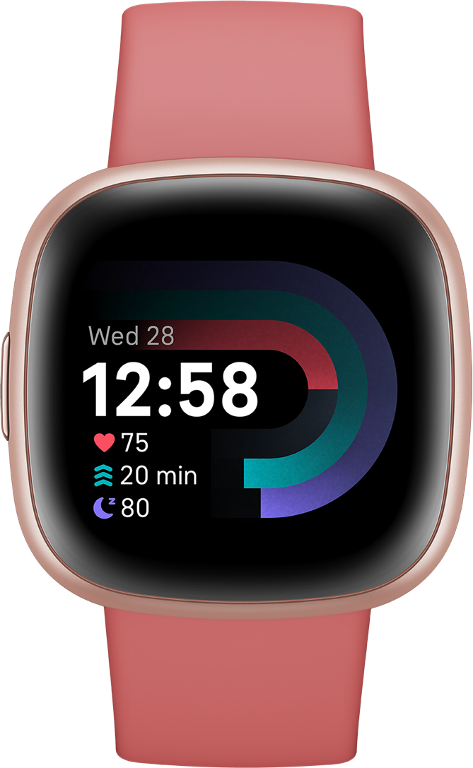 A rose gold smartwatch displays time and health stats. The screen shows the date, time, heart rate, active minutes, and sleep score.