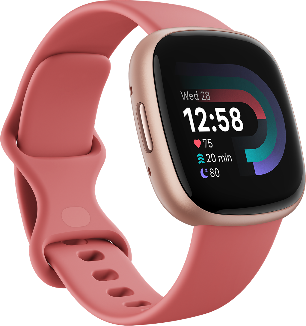A rose gold smartwatch with a dark screen displaying time and health metrics, on a pink strap, against a black background.