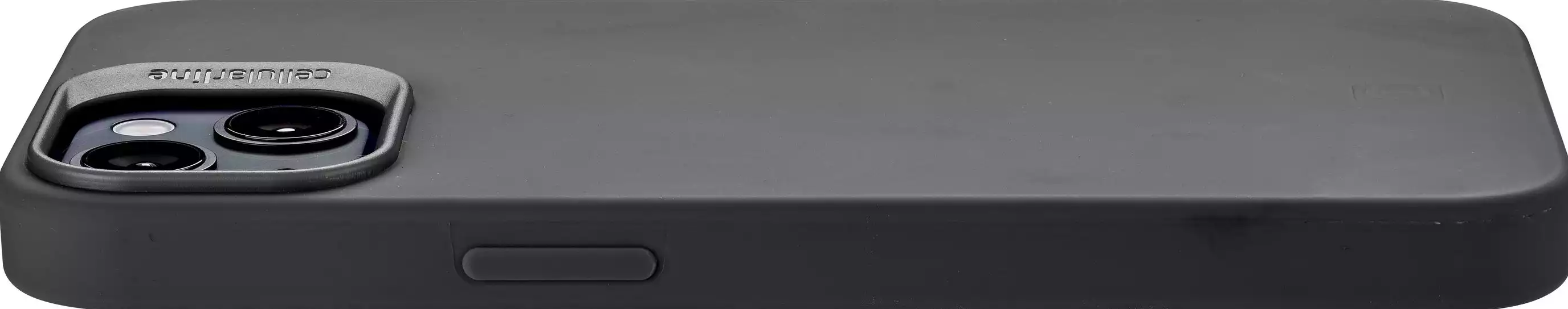 Una vista laterale di una custodia per smartphone nera con un ritaglio per la fotocamera.