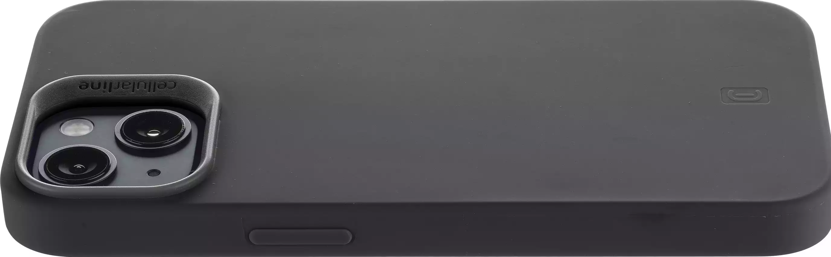 Una custodia per telefono nera con un ritaglio per la fotocamera e un logo Apple, vista da dietro.