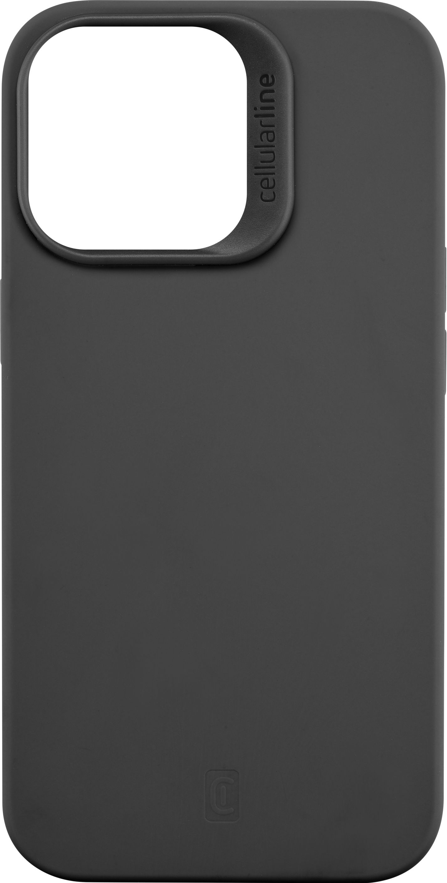 Una custodia per telefono nera con un foro per la fotocamera e un marchio.