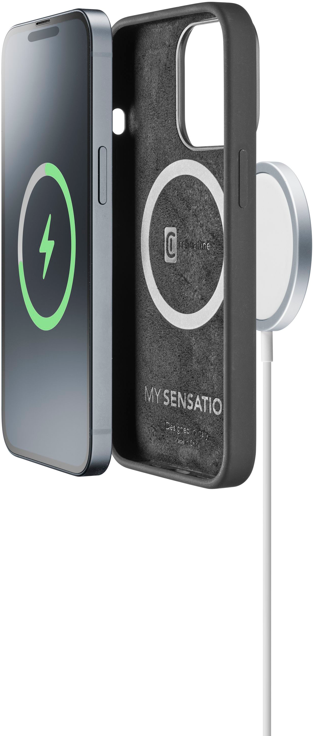 Un telefono con custodia e un caricatore magnetico. Il telefono ha un simbolo di ricarica.
