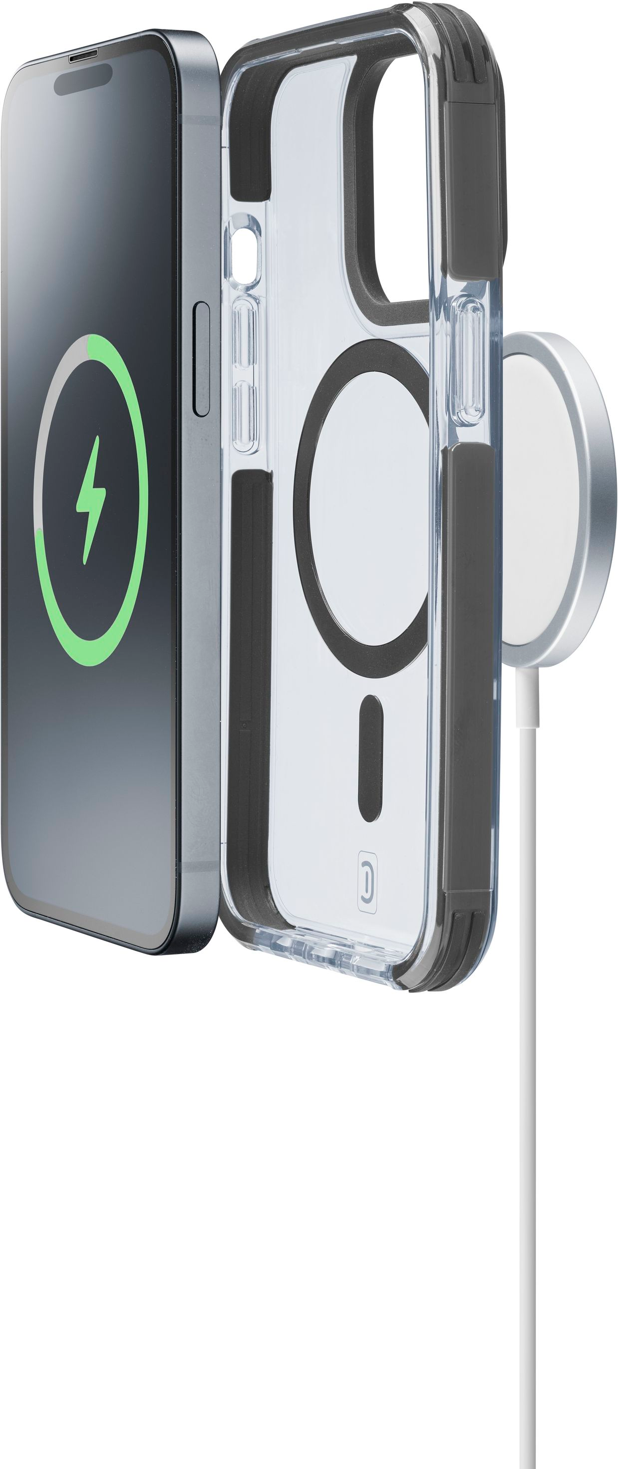 Telefono con custodia protettiva e caricatore wireless, con icona fulmine verde.
