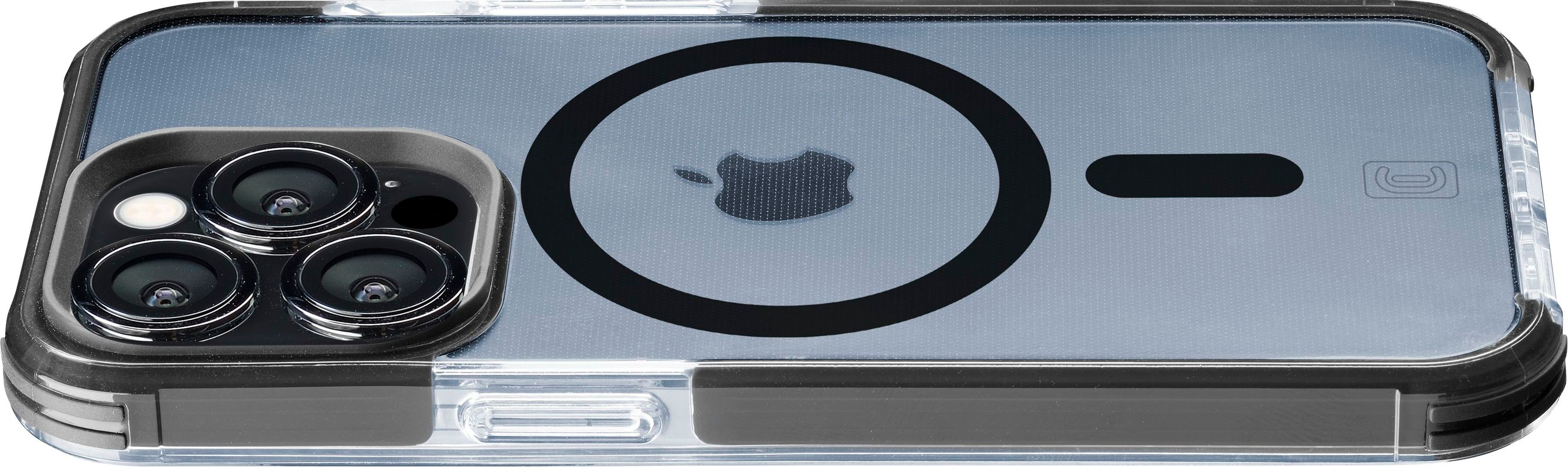 Custodia trasparente per iPhone con anello MagSafe. Bordo nero, retro trasparente. Logo Apple visibile.
