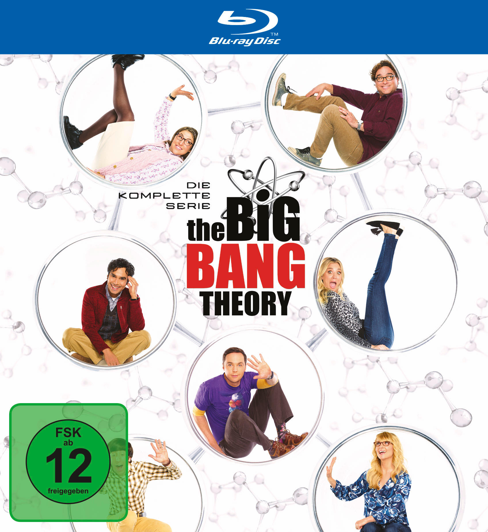The Big Bang Theory Blu-ray-Box-Set-Cover. Enthält Fotos der Besetzung, die in Kreisen angeordnet sind.