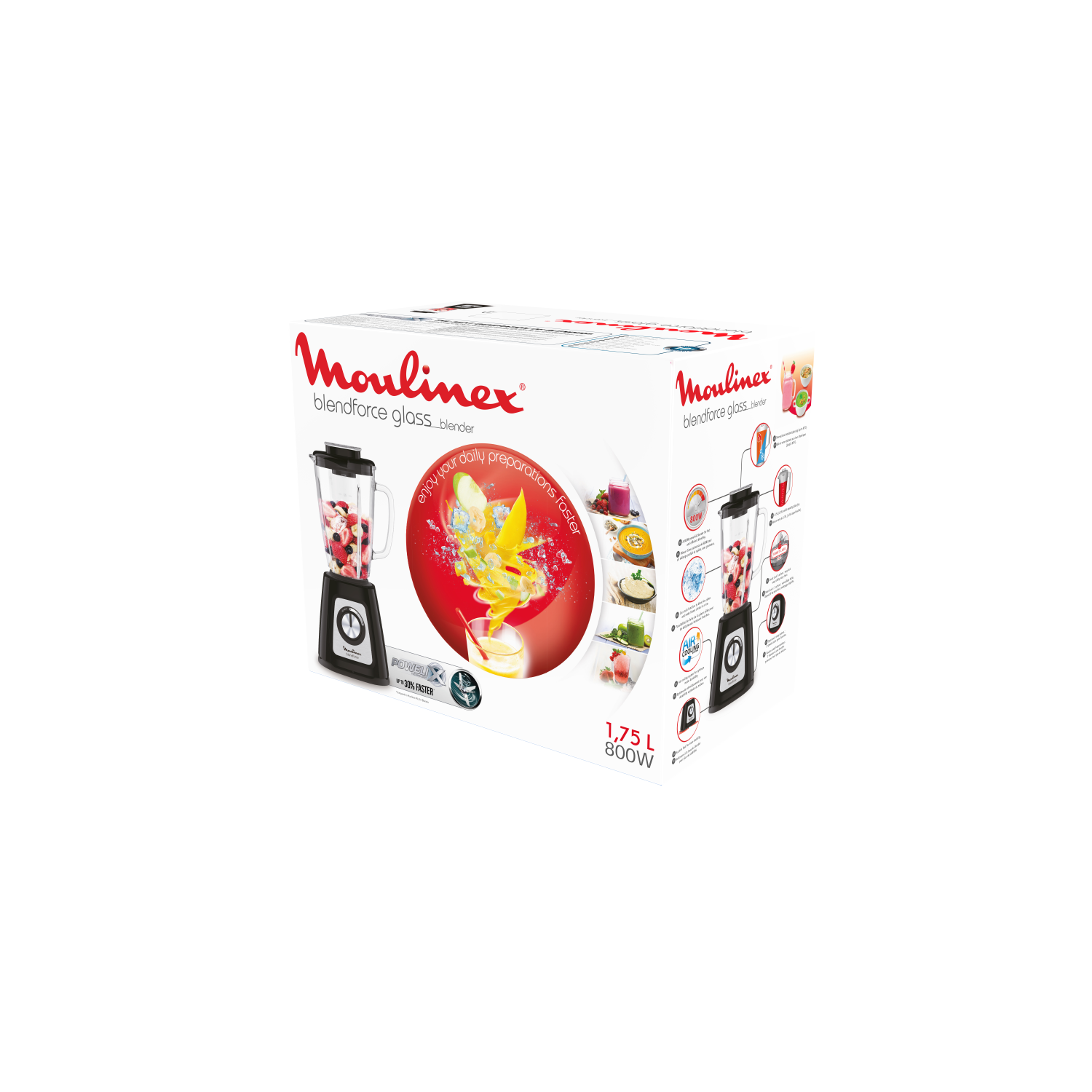 Caja de licuadora blanca y negra con imagen de la licuadora y frutas.
