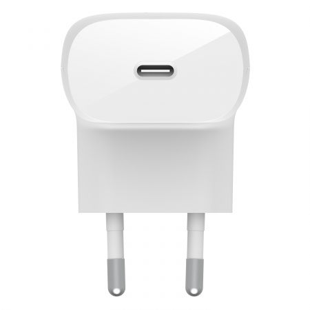 A white, square-shaped power adapter with two prongs and a USB-C port.