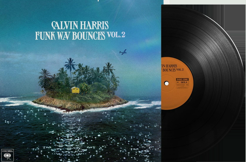 Albumcover: Calvin Harris - Funk Wav Bounces Vol. 2. Eine Insel mit Palmen und eine Schallplatte rechts.