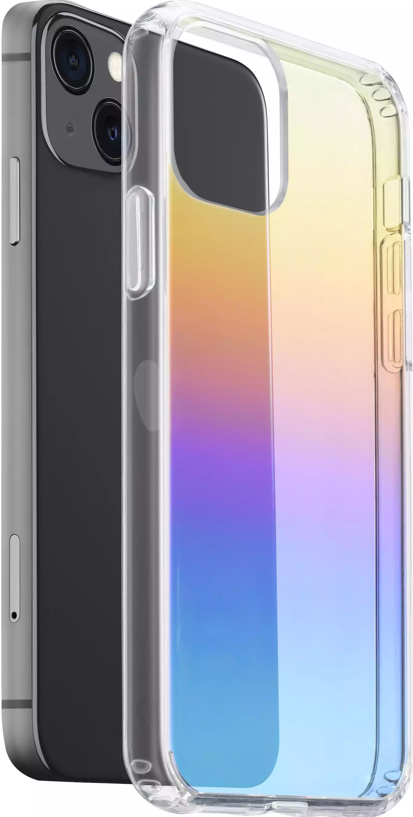 Un telefono in una custodia, con sfumatura colorata, e un telefono nero dietro.
