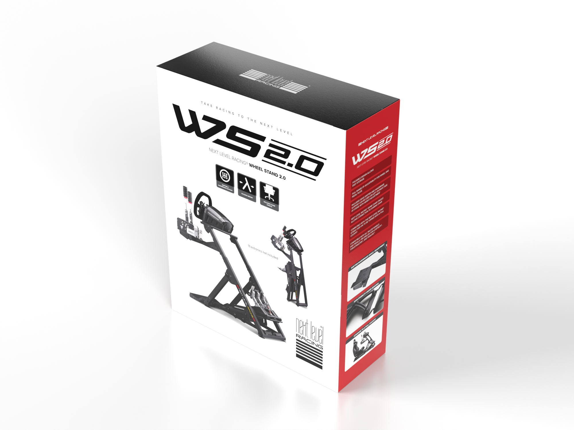Karton von Next Level Racing Wheel Stand 2.0. Die Box zeigt einen Rennradständer mit schwarzem und rotem Design.