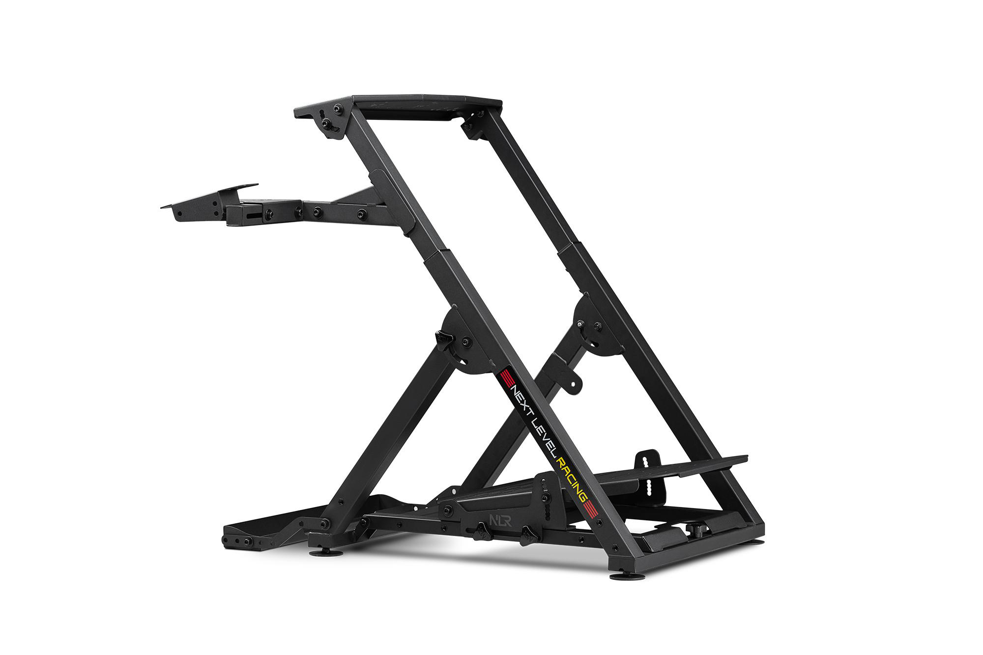 Schwarzer Next Level Racing Rennsimulator-Cockpit-Rahmen. Es ist eine Metallstruktur mit verstellbaren Teilen.