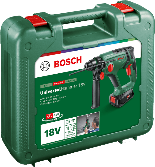 Zöld Bosch Universal Hammer 18V akkus fúrókalapács zöld tokban. Piros díszítések. Fehér logó.