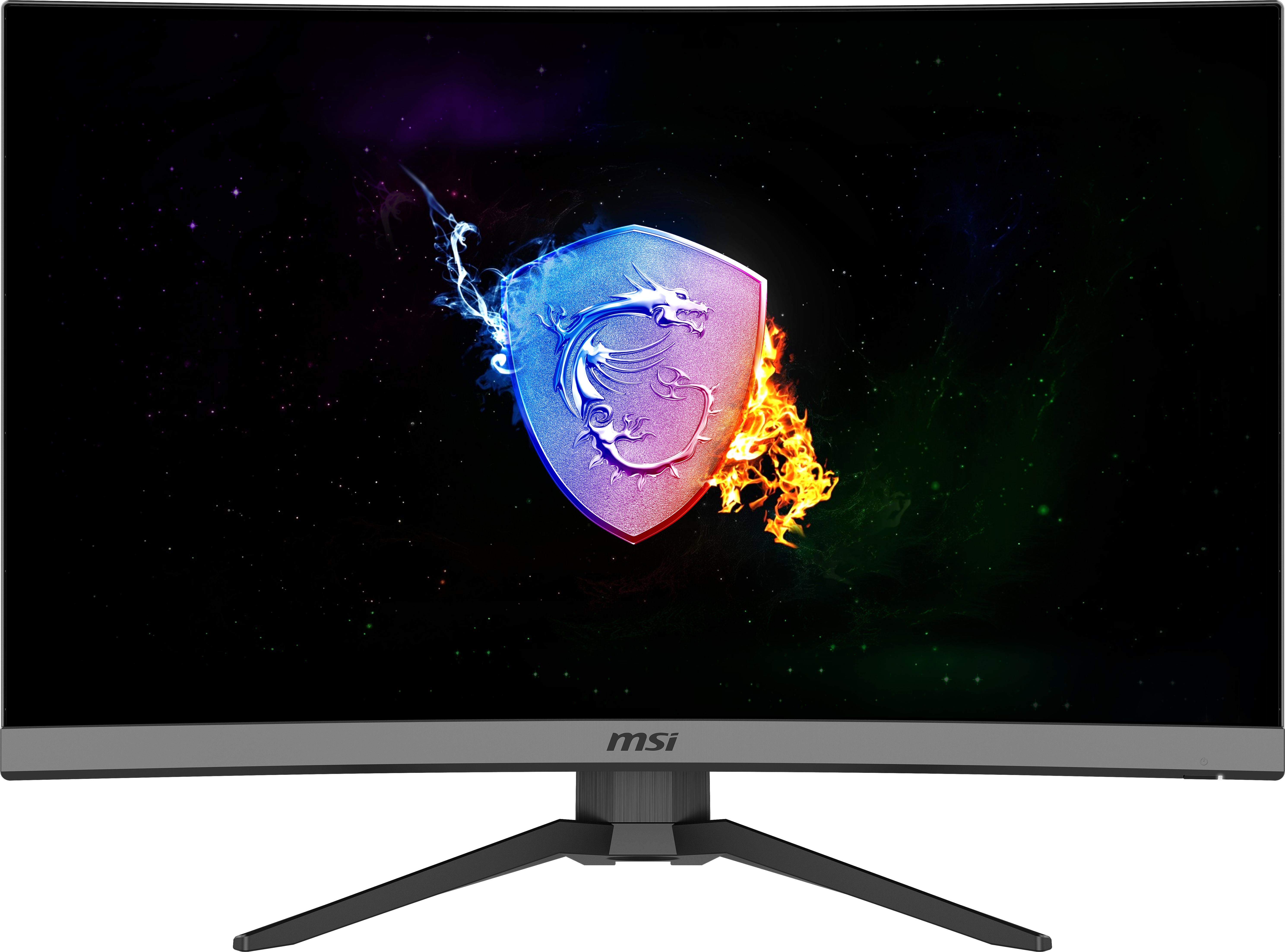 Ein Computermonitor zeigt das MSI-Logo. Der Hintergrund ist eine farbenfrohe, raumartige Szene.