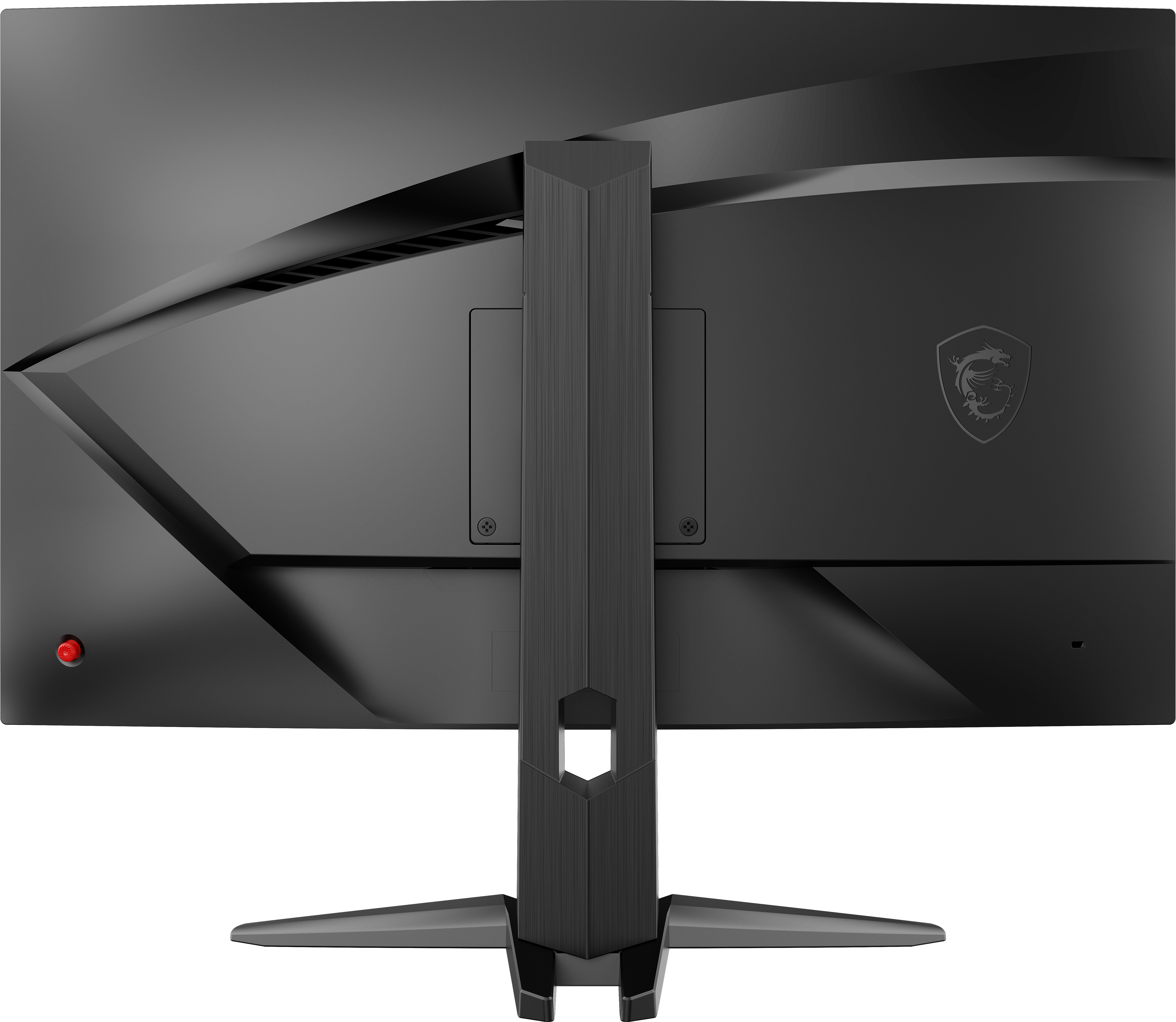 Rückseite eines schwarzen MSI-Gaming-Monitors mit Ständer und Logodetails.