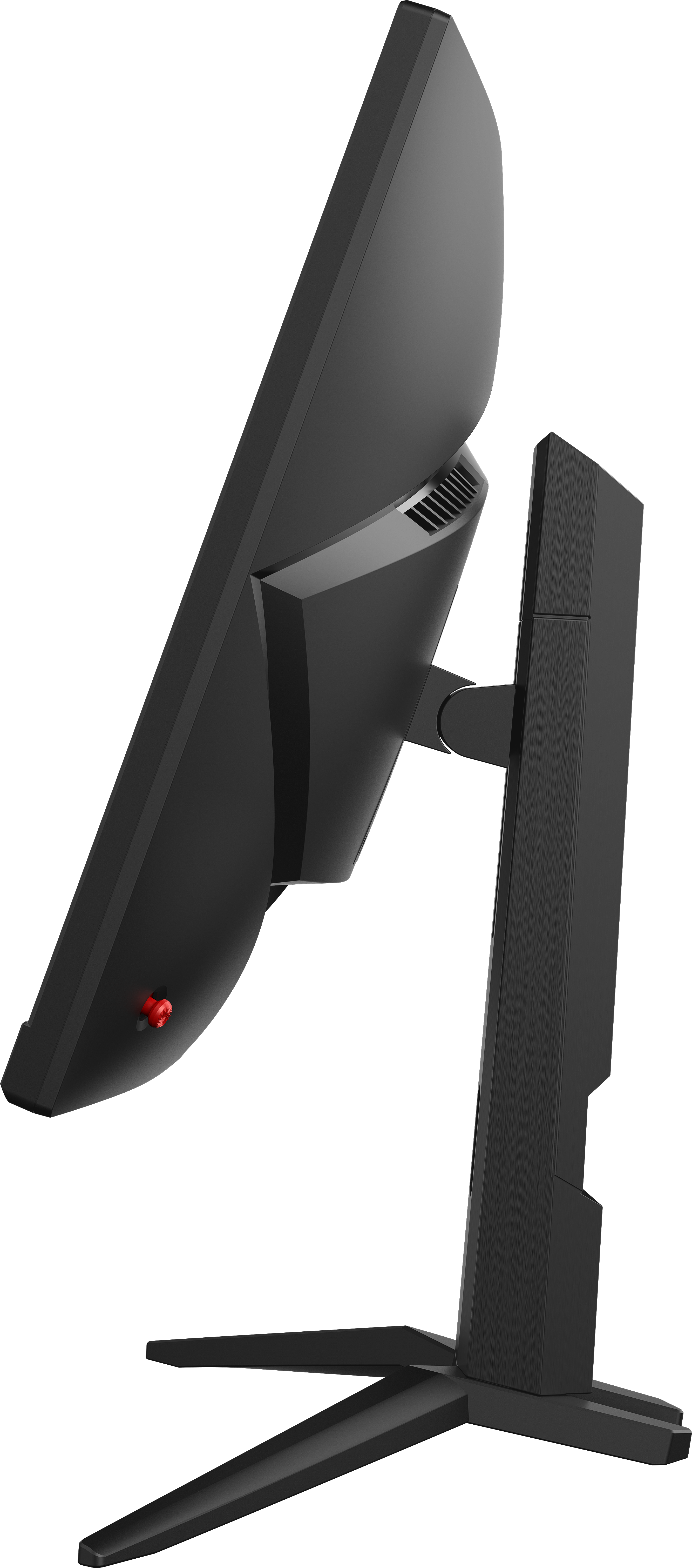 Schwarzer Computermonitor von der Seite, mit Ständer, Lüftungsschlitzen und roter Taste.