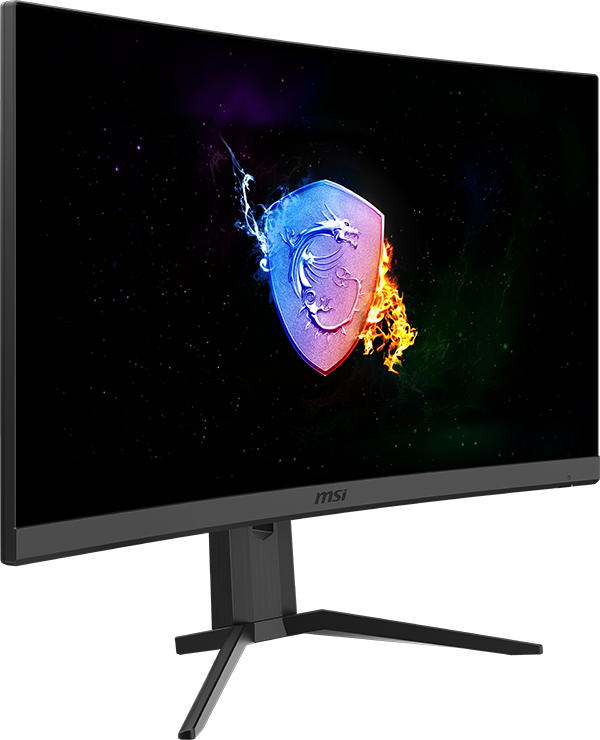 Ein gebogener MSI-Monitor zeigt ein farbenfrohes Logo mit schwarzem Hintergrund und einem Ständer.