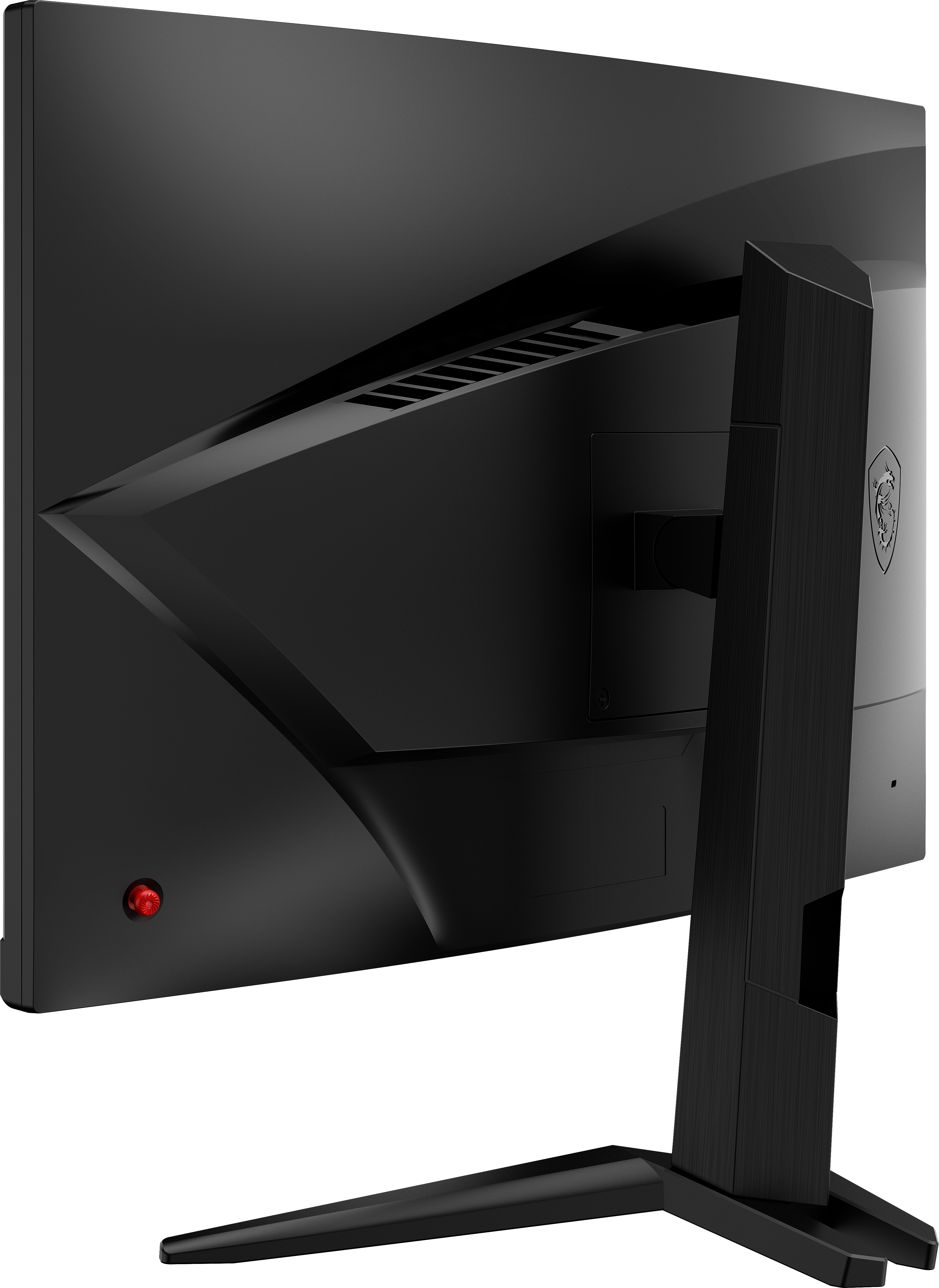 Ein schwarzer Computermonitor, Seitenansicht, die Rückseite ist abgewinkelt mit roter Ein/Aus-Taste.