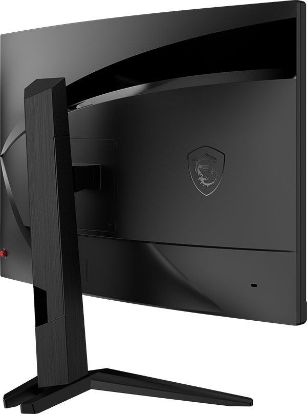 Schwarzer MSI-Monitor mit dunklem Ständer. Die Rückseite des Monitors zeigt das MSI-Logo.