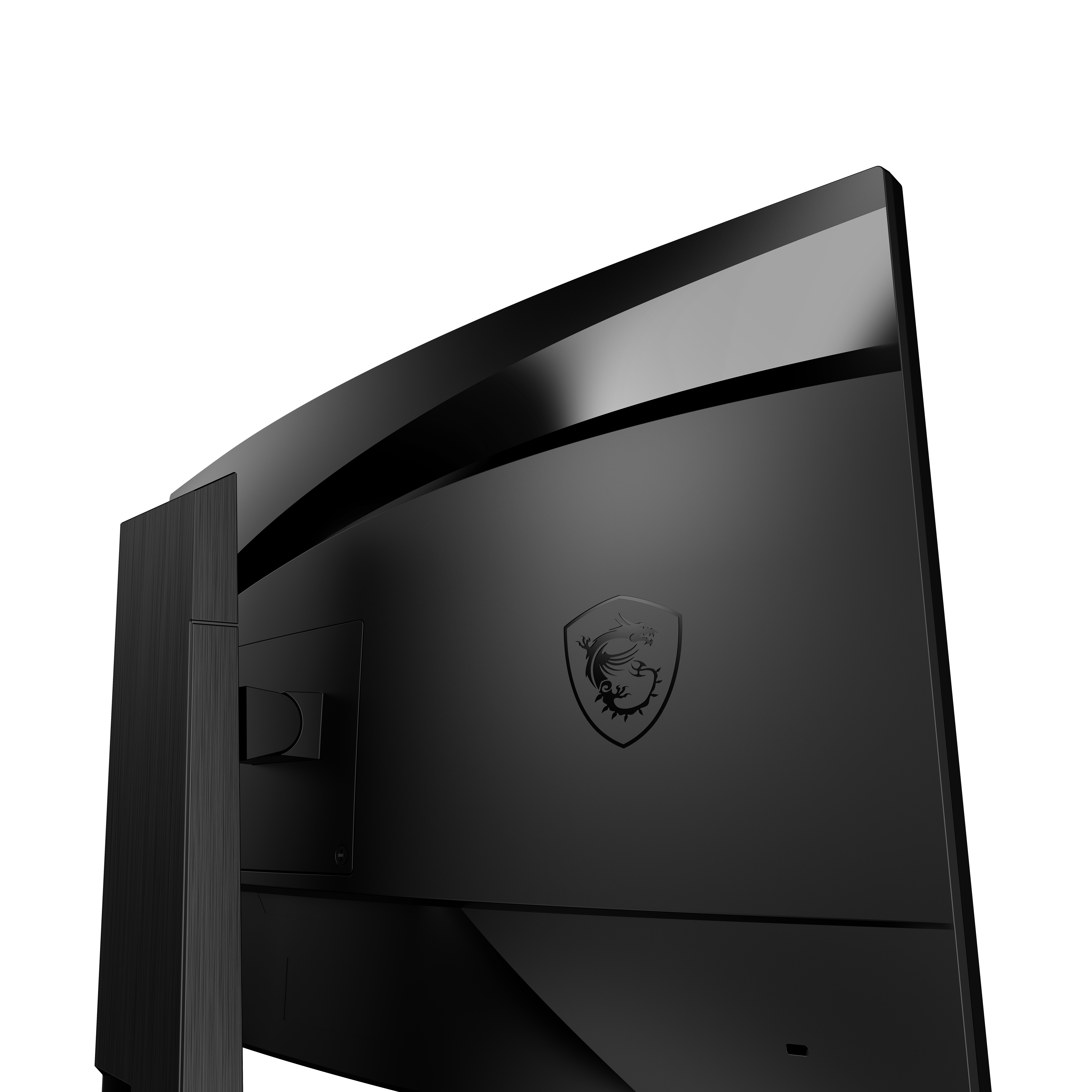 Rückseite eines schwarzen MSI-Monitors. MSI-Logo ist sichtbar. Gebogener Bildschirm mit dunklem, schlankem Design.